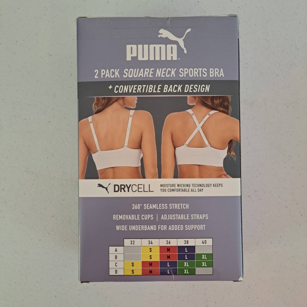 Puma Square Neck Sports Bra Women XL Grey Black New 2 Pack Seamless 817-239-CB5 - Picture 2 of 3